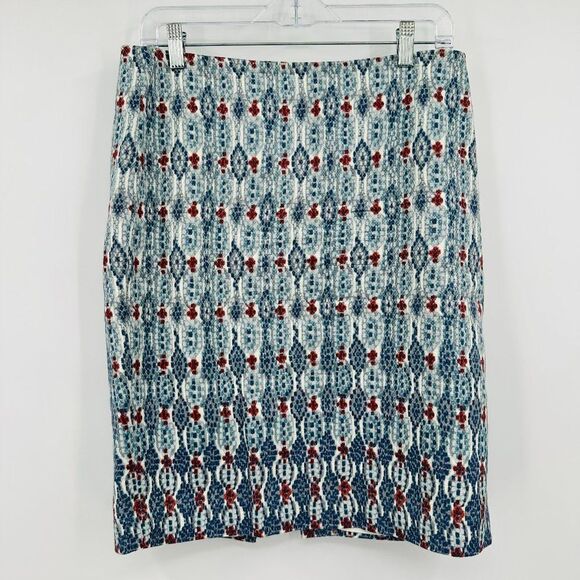 LOFT Size 10 Blue & White Geometric Boho Print Career Pencil Skirt - Picture 1 of 9